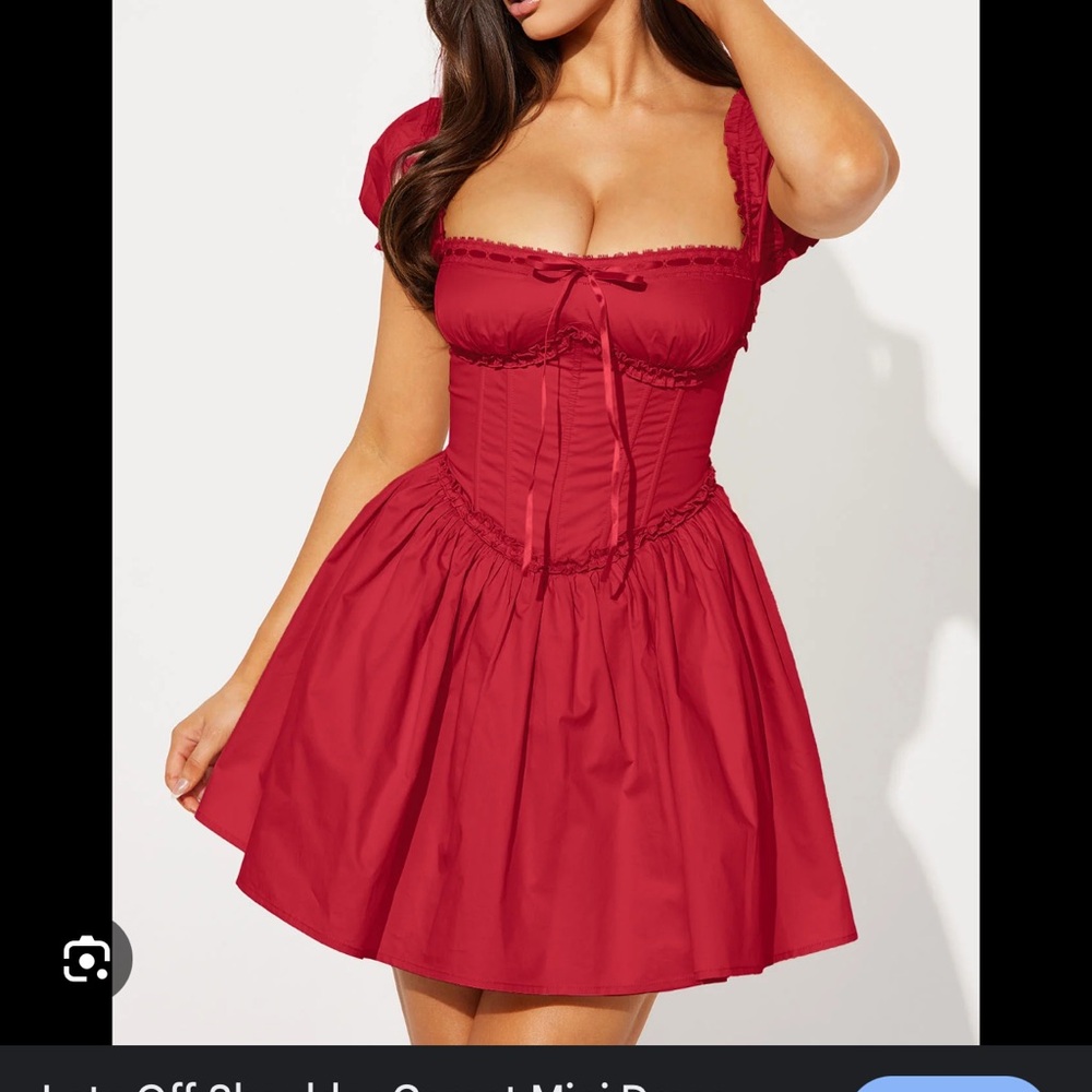 Sweet Corset Red Mini Dress with Puff Sleeves - Picture 2 of 7